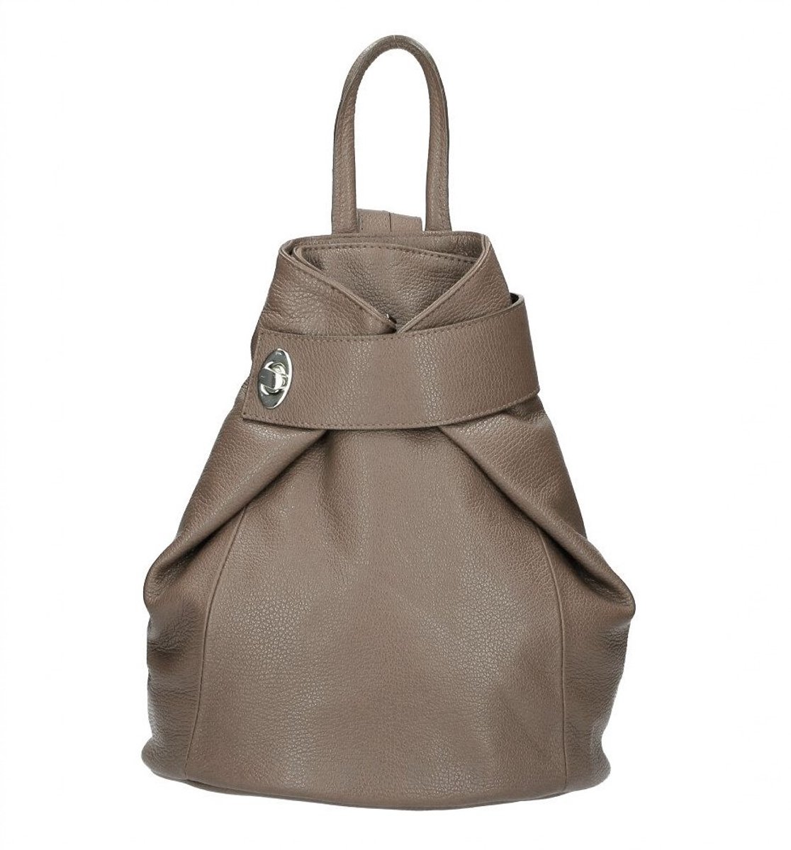 Taupe Leren Rugtas Zilveren Draaislot (Groot Formaat) - Trendy Rugtassen Dames - Leer - Italiaans Leder - Groot Formaat - Taupe