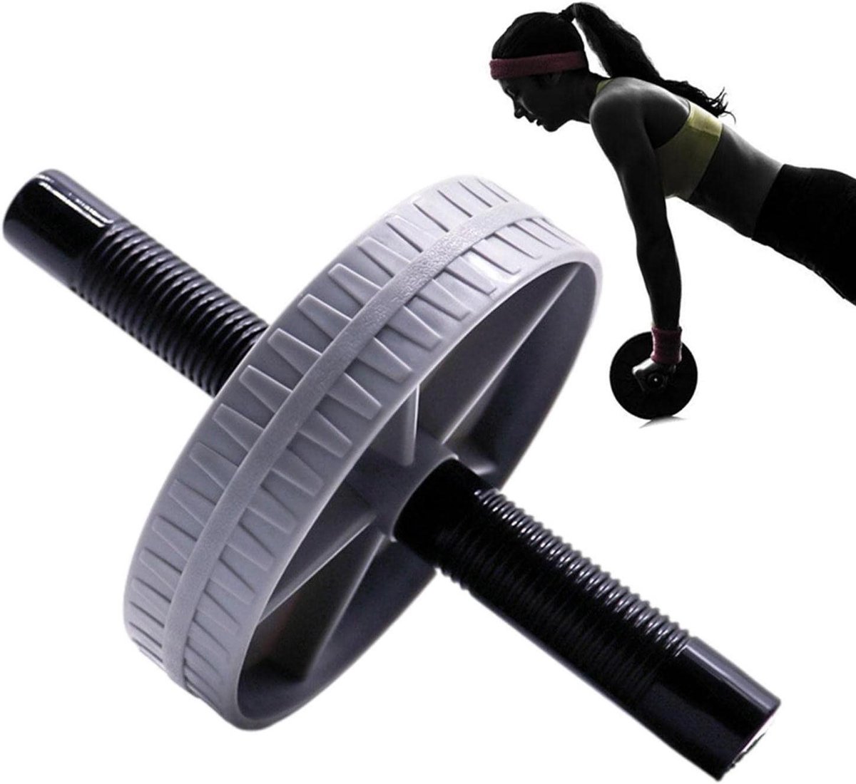 Buikspierwiel - Buikwiel trainer - Kerntraining thuis - Antislip handvatten - 23.5 cm breed - Grijs