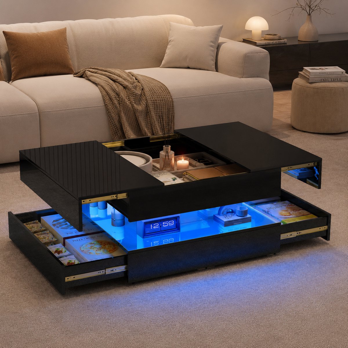 Salontafels Koffietafel - Salontafel Met LED Verlichting en 2 Lades - Sterk 60kg - Met opslagfunctie - Woonkamer Tafel - Spaanplaat - 78x78x43cm - Zwart