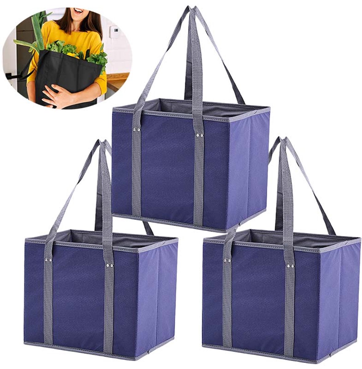 Herbruikbare Boodschappen Winkeltas - 3 Stuks - 33 × 25 × 28 CM - Large Opvouwbare Handtas - Voor Winkelen, Keuken, Auto Kofferbak, Picknick - Blauw