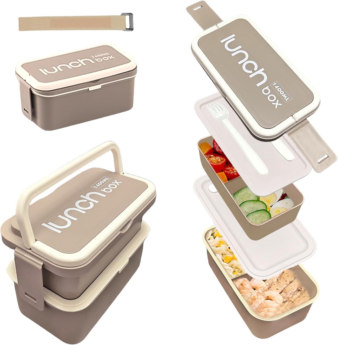 VHV-Dubbellaagse Bento-box — Lekvrije lunchdoos — Ruime lunchbox voor volwassenen en kinderen — Voedselbewaardoos voor kantoor, school en picknicks — 1400 ml — Koffiebruin