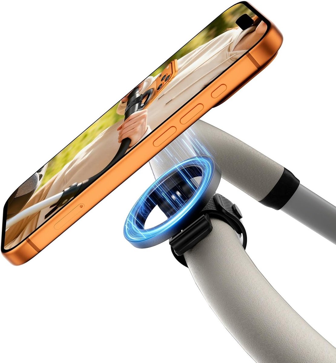 Verstelbare Mobiele Telefoonhouder voor Kinderwagen met Magnetische Bevestiging, 360° Rotatie en Geschikt voor iPhone, Perfect voor Kinderwagens, Winkelwagentjes en Golfkarren