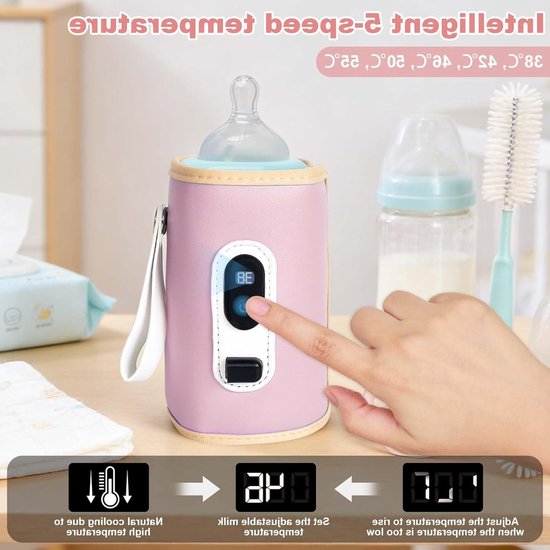 Draagbare Flessenwarmer voor Baby met LCD Scherm, Ideaal voor Warmhouden van Voeding, 5 Instelbare Temperatuurstanden (38-55°C) en Handige Tas voor Buitenactiviteiten (Roze) — afbeelding 3