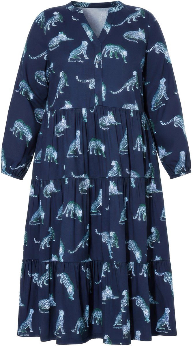 Studio Untold - Dames - Maxi-jurk luipaarden V-hals volants - Marine - Maat 54+