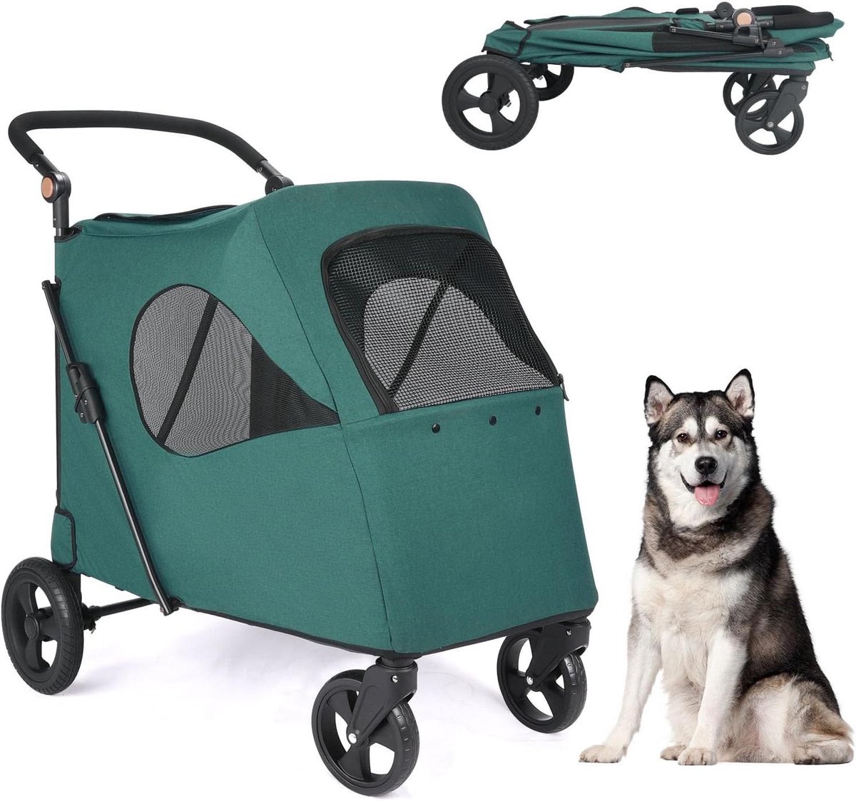 Hondenbuggy Extra Groot - Dierenwagen Opvouwbaar - Reizen met Huisdier - Grote Laadcapaciteit - Tot 54 kg - Groen
