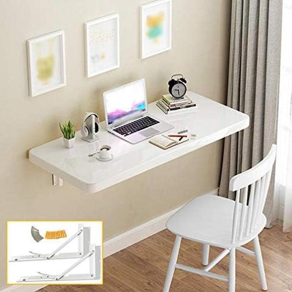 Wandtafel Klapbaar - Opvouwbaar Bureau - Ruimte Besparen - Zelfnivellerend - 60 x 50 cm - Wit
