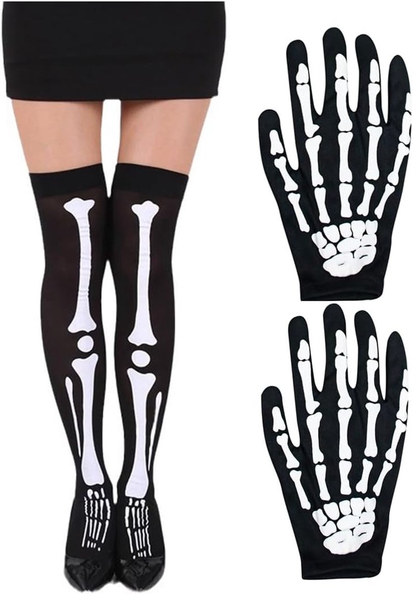 Halloween Handschoenen en Kousen Set voor Danskostuum, Feest, Cosplay en Halloween Decoratie - 2 Paar Volledige Vingerhandschoenen en Sokken