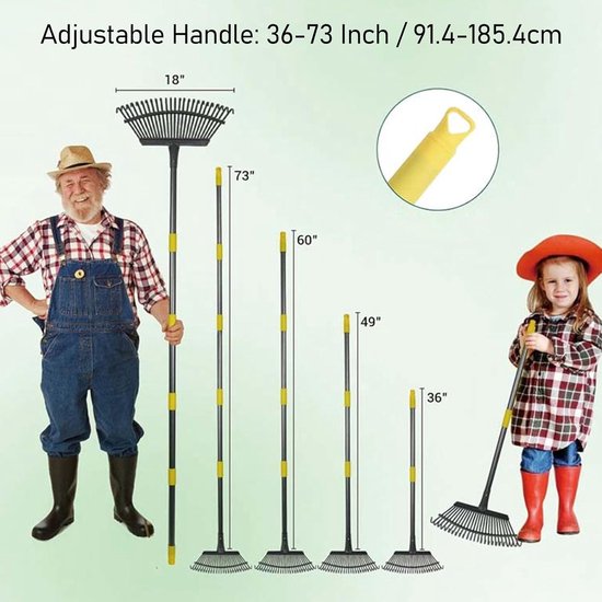 Tuinhark Verstelbaar - Bladhark Metaal - Gazon Onderhoud - Uitschuifbare Handgreep - 36 tot 73 inch - Metaal — afbeelding 2