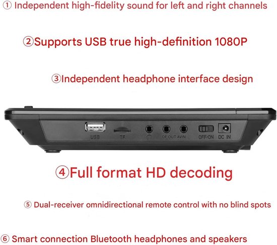 Draagbare DVD Speler - Mobiele CD Speler - Films Kijken Onderweg - Ingebouwde Bluetooth - 10.1 inch Scherm - Zwart — afbeelding 4