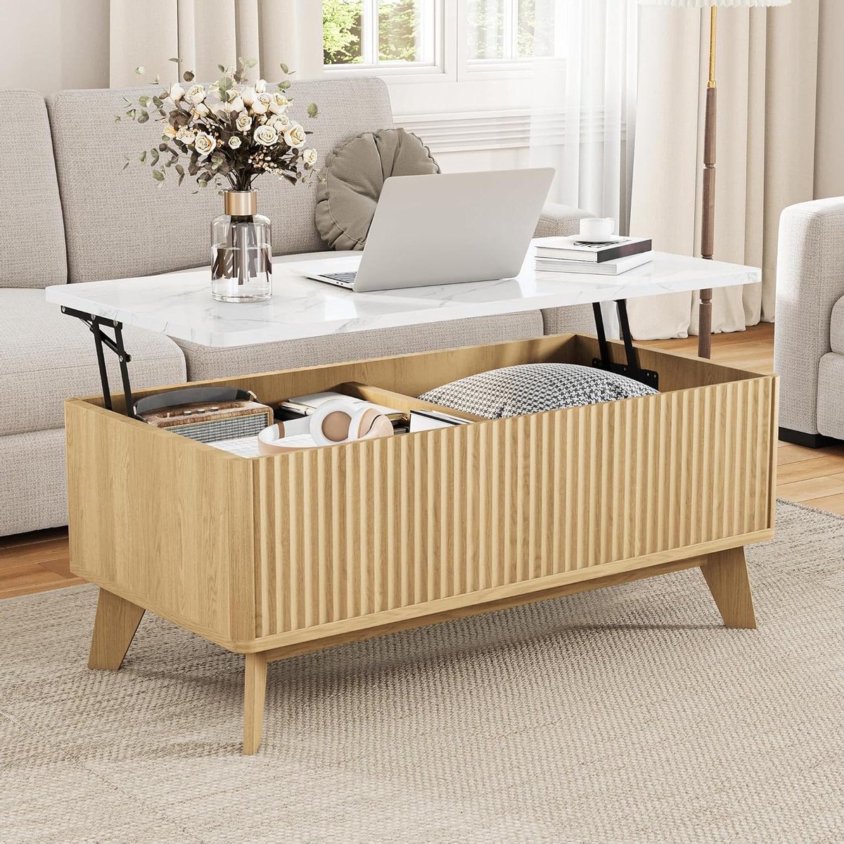 Salontafel Rechthoekig - Bijzettafel Woonkamer - Ruimte Maximaliseren - Opklapbaar Tafelblad - 105 x 53 x 42 cm - Wit Hout