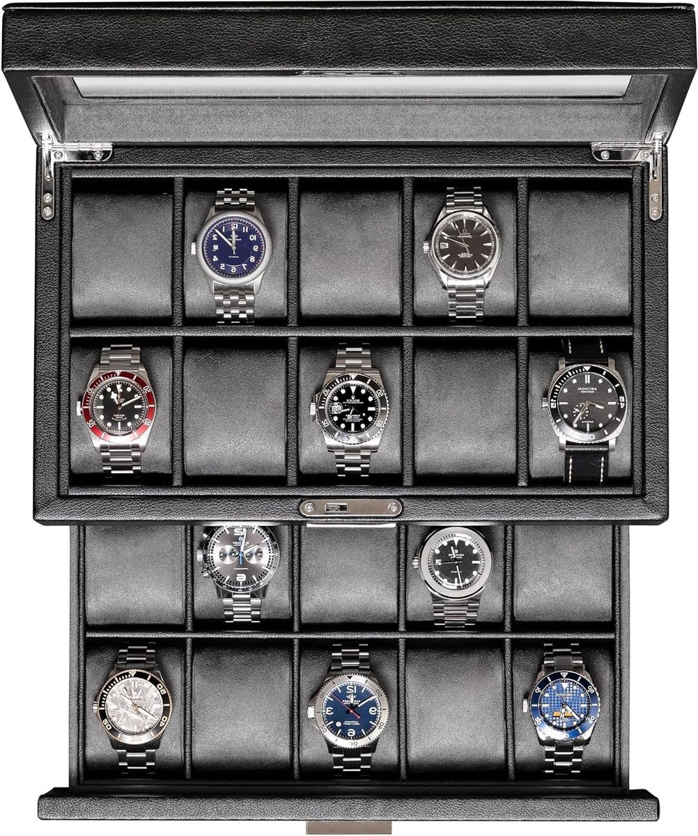Horlogedoos - Horlogekist Watch Organizer - Horloges Opbergen - 20 Ruime Vakken - 21 x 35 x 18 cm - Zwart