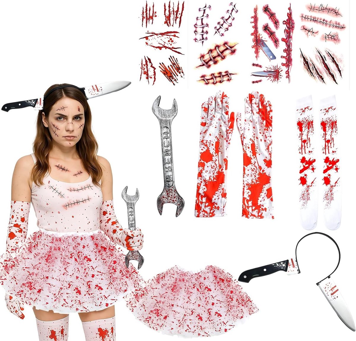 Bloody Zombie Kostuum voor Dames met Ballerina Rok, Bloedige Handschoenen en Speelgoed Hamer - Ideaal voor Halloween en Carnaval - Maat Standaard, Griezelige Accessoires en Tatoeages