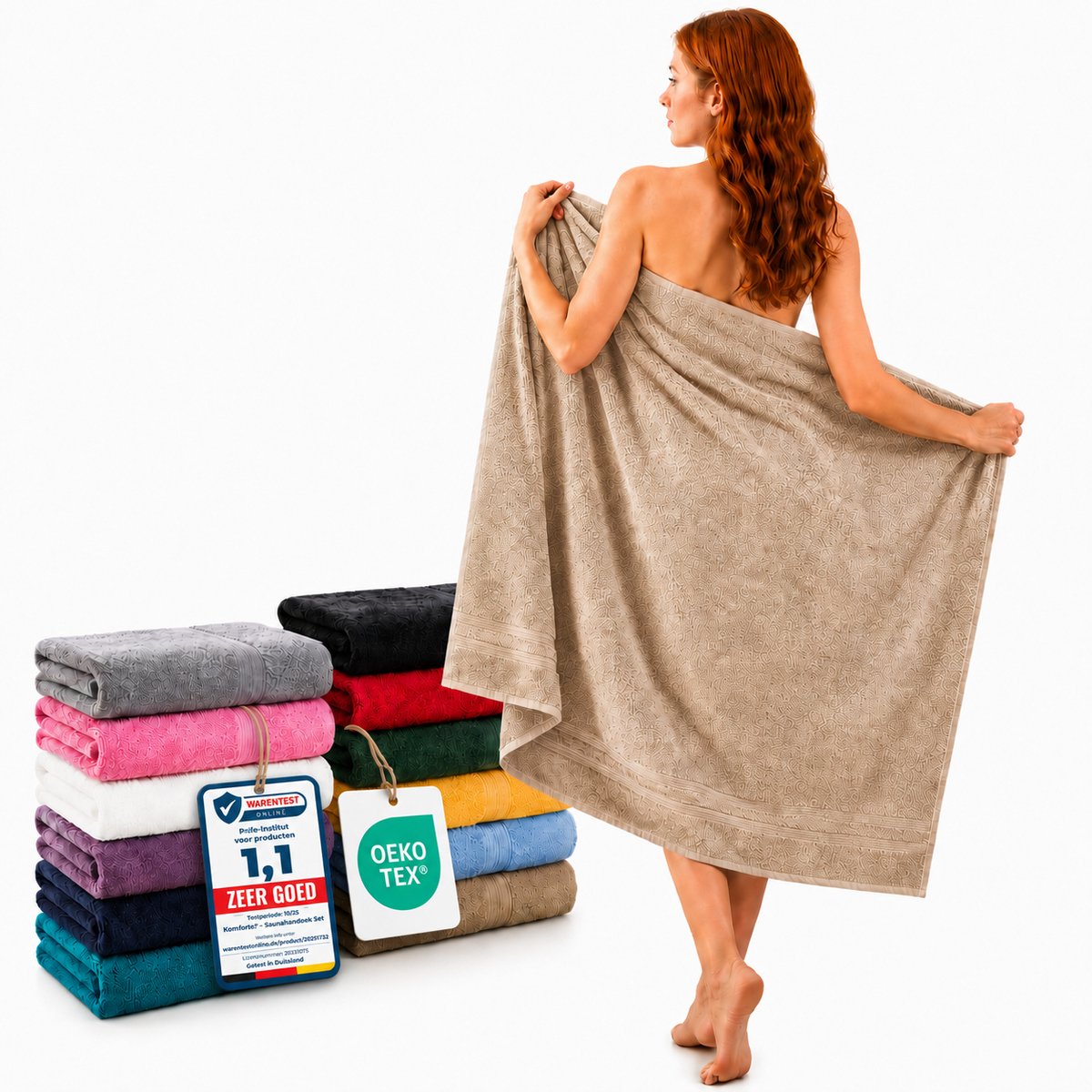 Komfortec Set van 2 Handdoeken 80x200 cm - 100% Katoen - XXL Saunahanddoeken - Badlaken - Strandlaken - Badhanddoek- Douchelaken - Zacht - Hoge Absorptie - Sneldrogend - Zandbeige.
