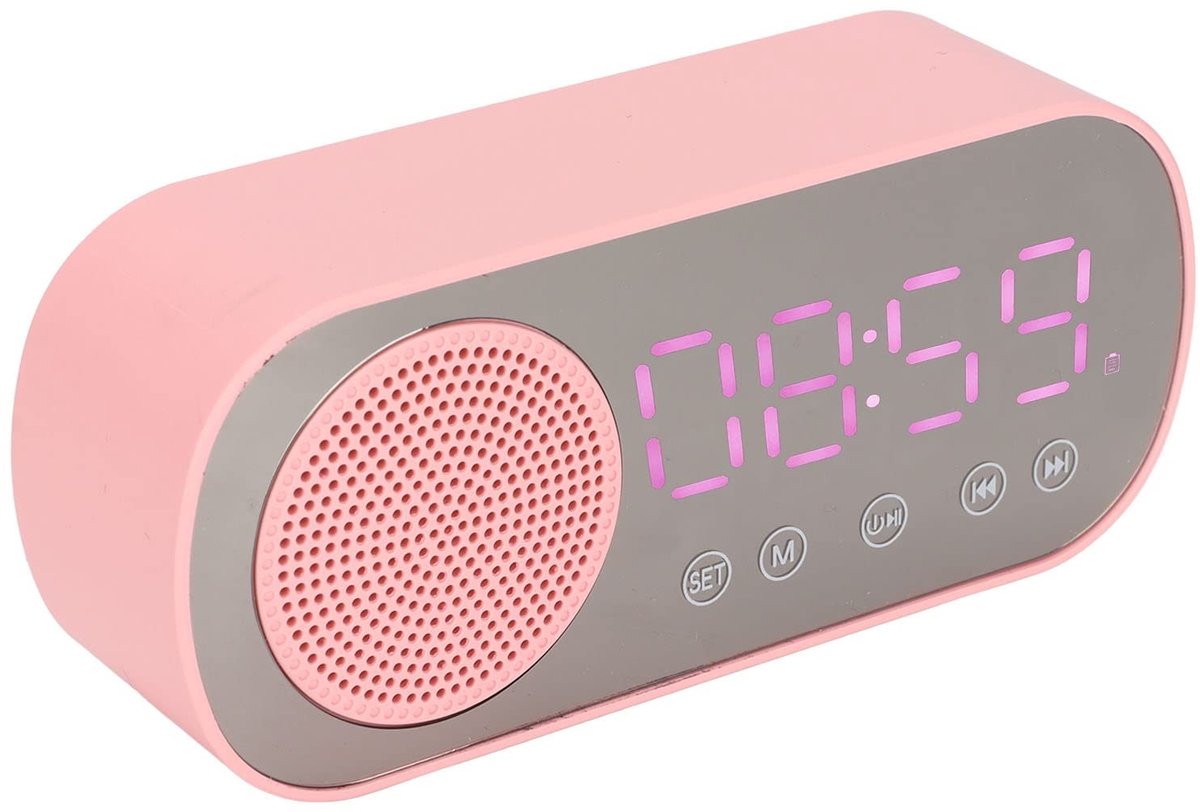 Dailygoody - Roze wekker - Bluetooth luidspreker - Spiegelscherm - Roze - FM-radio - Digitale klok - Geschikt voor meisjes - Roze