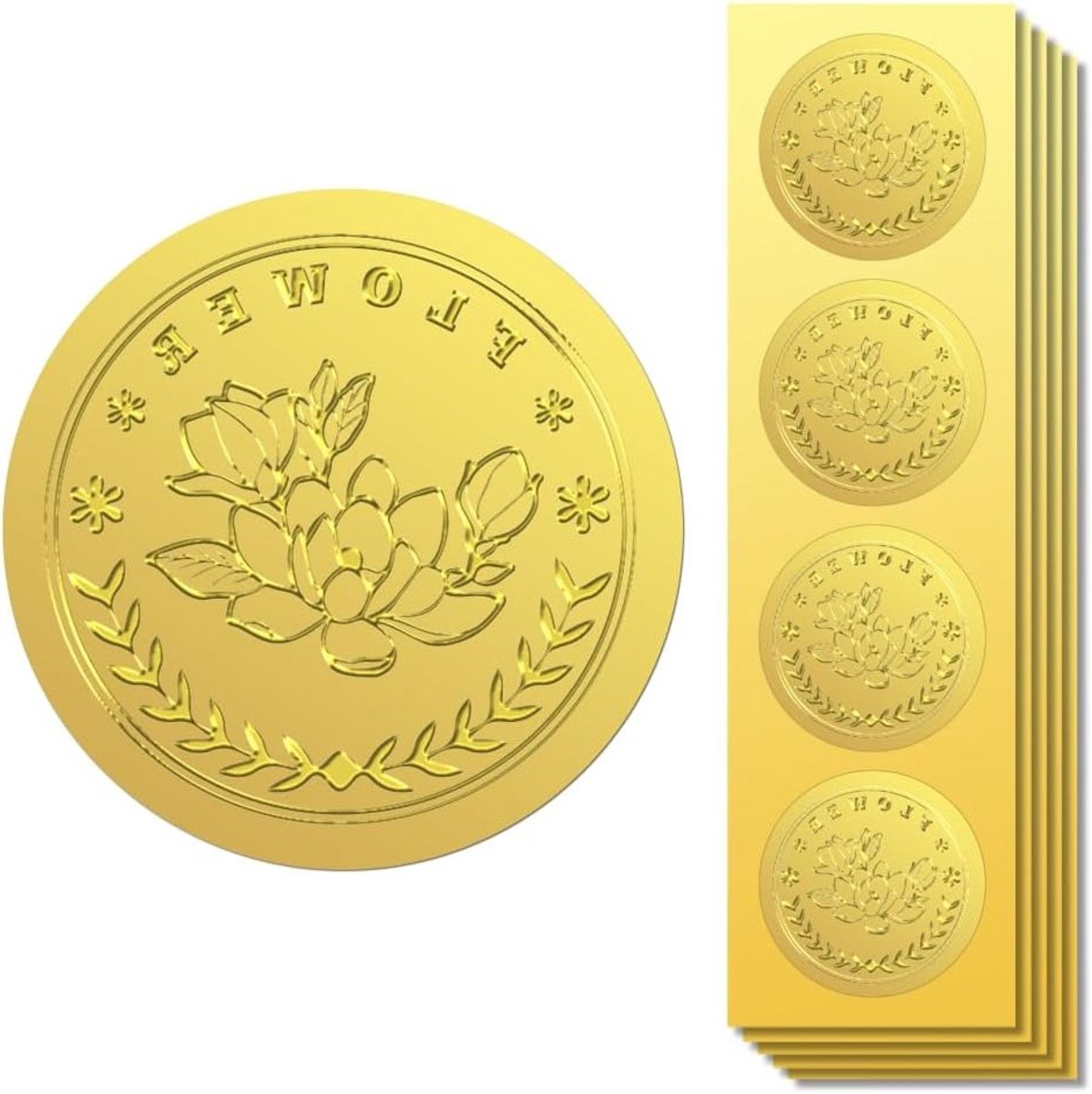 Gouden Folie Stickers met Geëmbosseerde Magnolia - 100 Stuks, Zelfklevende Ronde Stickers voor Certificaat, Envelop en Cadeau Decoratie
