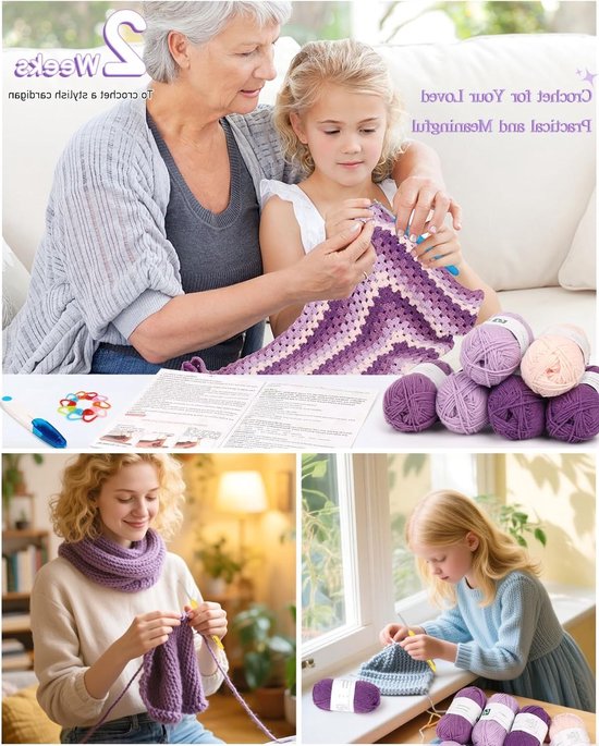 Beginner Haakset voor Granny Check Cardigan, Inclusief Haaknaalden, Wol en Accessoires voor Creatieve Projecten — afbeelding 4