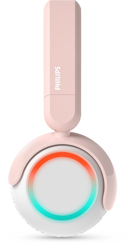 Roze Philips koptelefoon met witte oorschelpen, met een ring die van oranje naar groen licht.