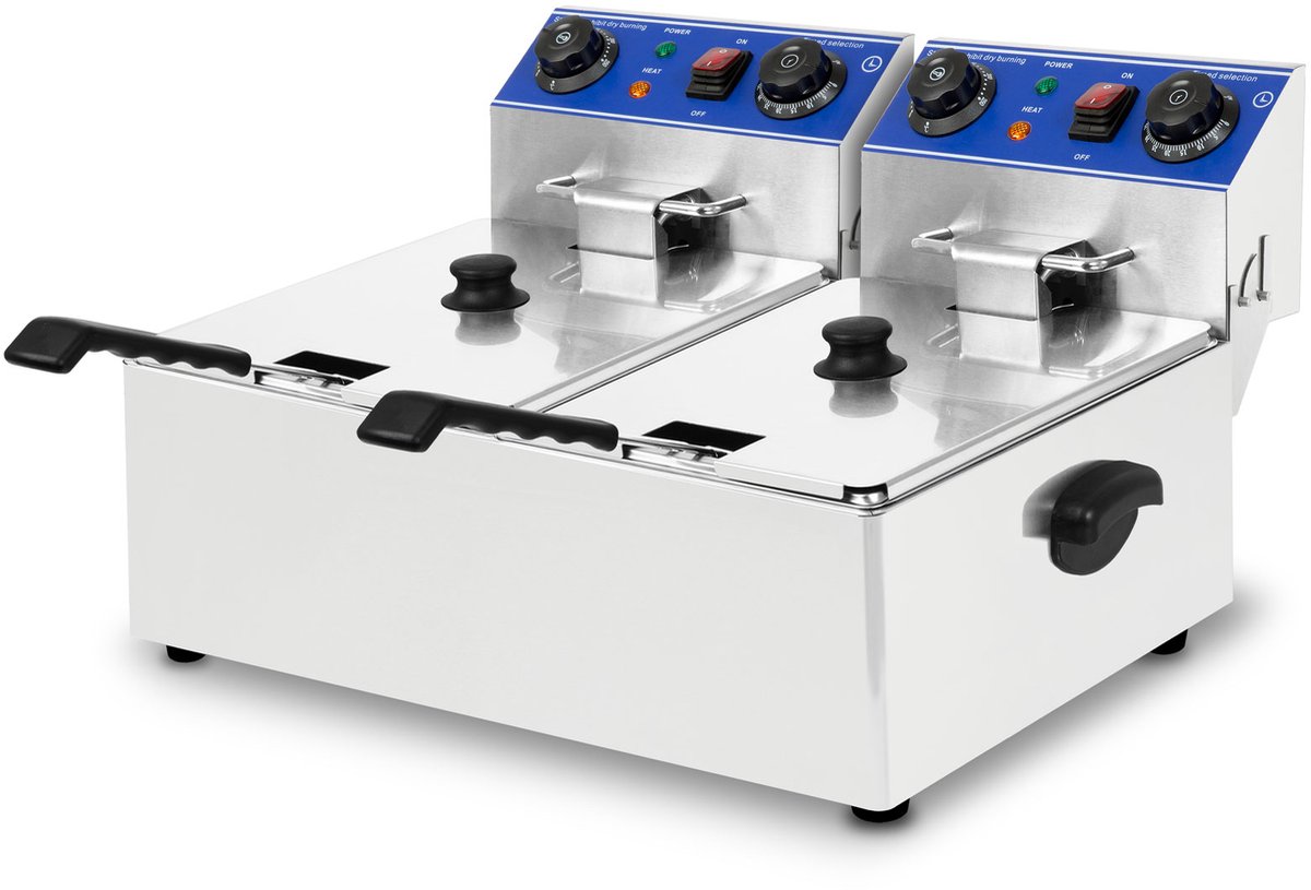 VERTES Professionele elektrische friteuse 2x 10 l (2x 3000 W, 230 V, Cold Zone-principe, temperatuur 50-250 °C, 2 frituurmanden, resetfunctie, roestvrij staal, werkt op frituurolie)