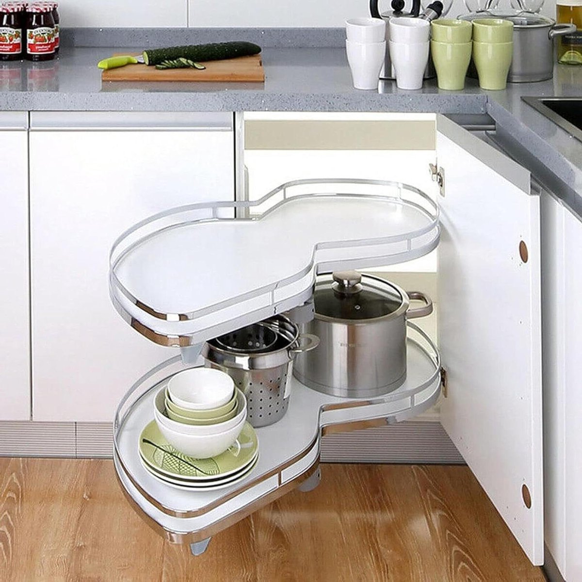 Keuken Blinde Hoek - Draaibare Organizer - Opbergen Keuken - Dubbele Lade - 900mm Kast - Wit