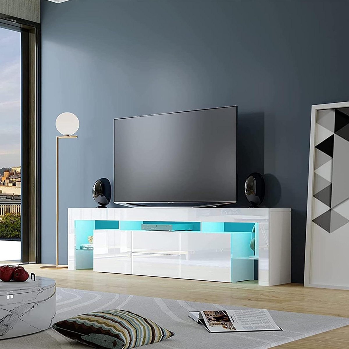 Hoogglans TV Meubel - Moderne TV Kast - Woonkamer Opbergen - Met LED Licht - 200cm Breed - Wit