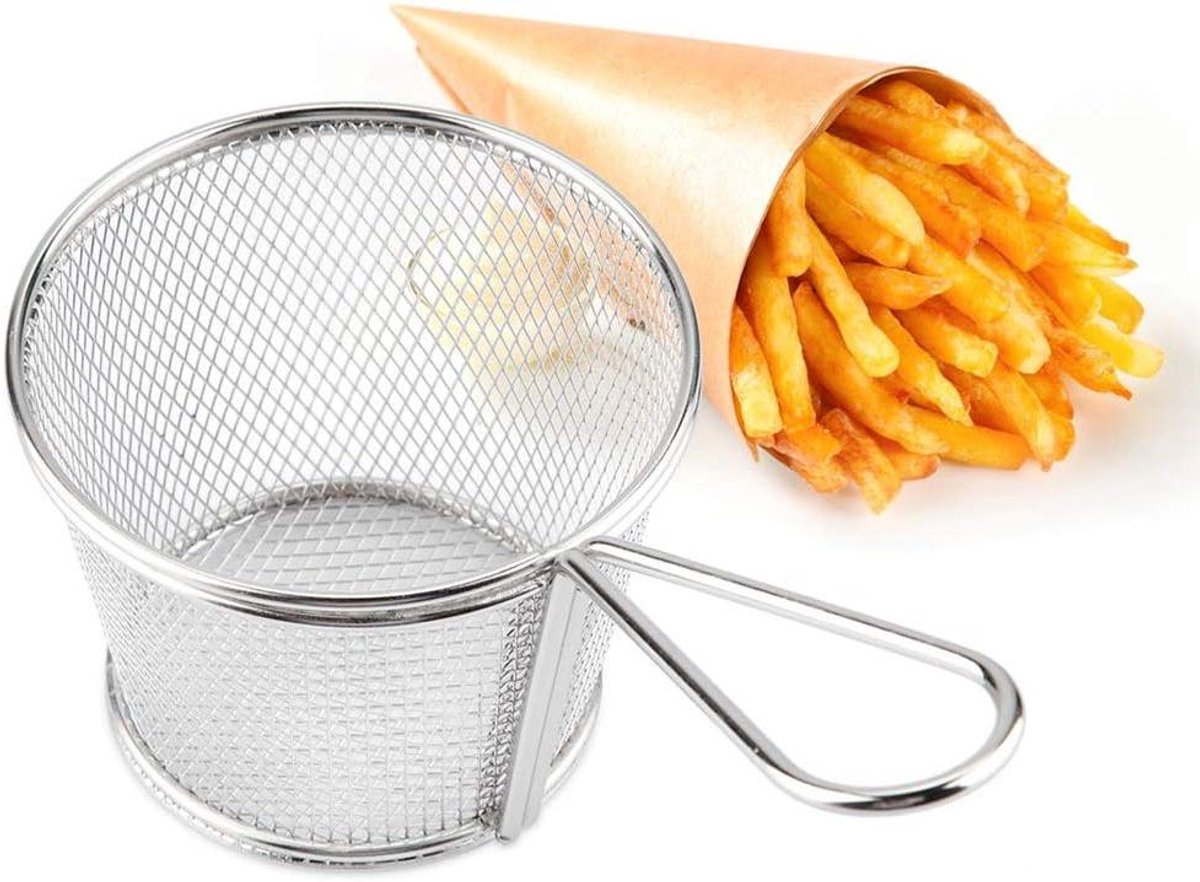 Frituurmand RVS - Snack mandje - Voedsel presenteren - Ergonomische handgreep - 20 x 10 x 8 cm - Zilver