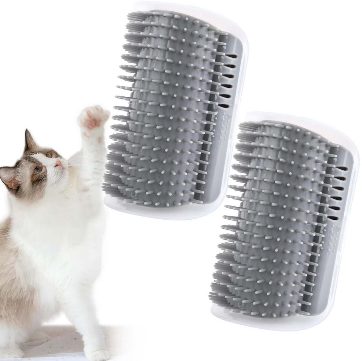 carmdering - Kattenborstel - Zelfverzorgingsborstel - Hoekborstel - Zachte flexibele haren, verzamelt losse haren - Eenvoudig te installeren met tape of schroeven - Makkelijk schoon te maken - Voor binnenmuren en hoeken - Set van 2 - Grijs