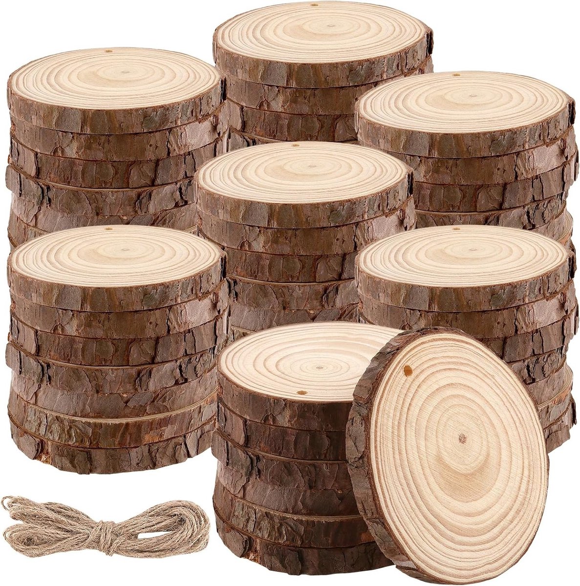 Houten Schijven met Gat - Houtcirkels Natuurlijke Houtschijven - Ambachtelijke Decoraties Maken - Natuurlijk Pijnboomhout - 8-9 cm Diameter - Natuurlijk