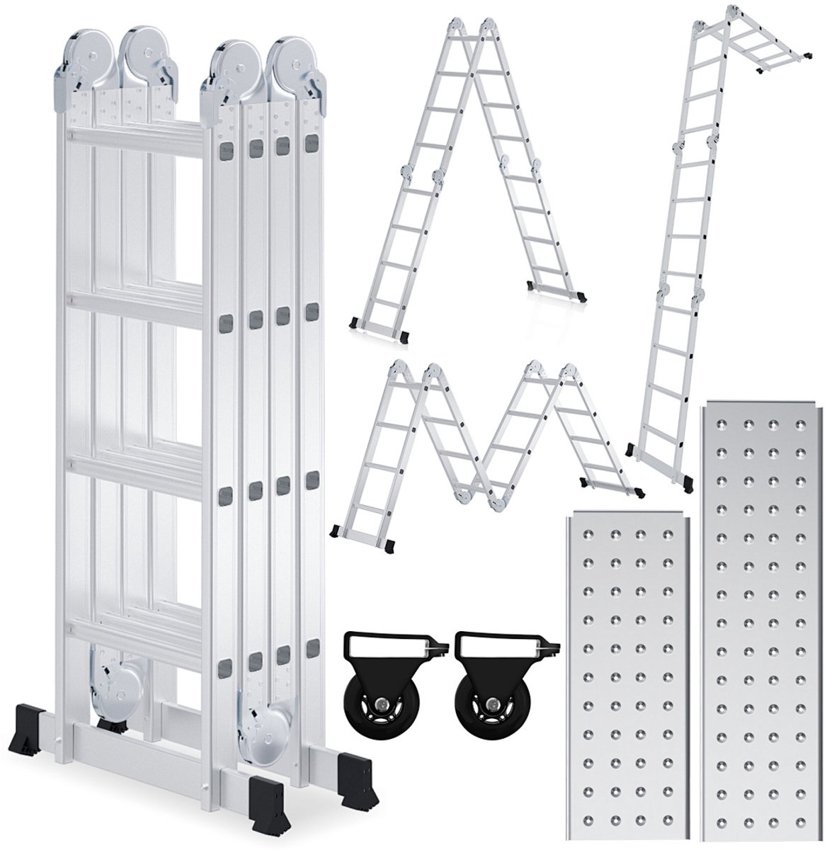 Multifunctionele vouwladder 6 in 1 - 4.7M Vouwladder 4 x 4 treden met platform - Aluminium Ladder, Mobiele Multifunctionele Ladder met Werkplatform, Stelling, Aluminium Rolsteiger, Huishoudladder, Draagvermogen tot 150 kg - Zilver