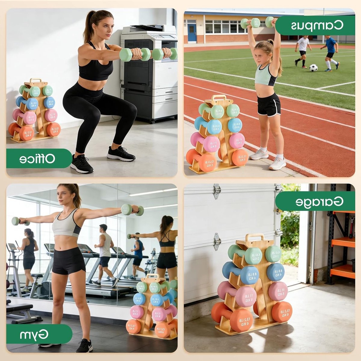 Dumbbell Stand en Gewichten Set, 4-laags Houten A-Frame Rack voor 3-7 kg Halters, Ruimtebesparende Fitness Organizer met Draaghandvat voor Thuisgym, Ideaal voor Beginners en Gevorderden thumbnail 5