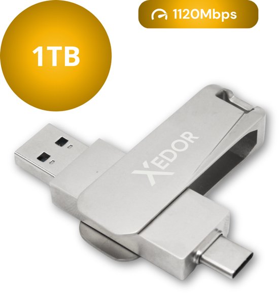 Clé USB argentée avec logo Xedor, capacité de 1 To et vitesse de 1120 Mbps. Comprend des connecteurs USB-A et USB-C.