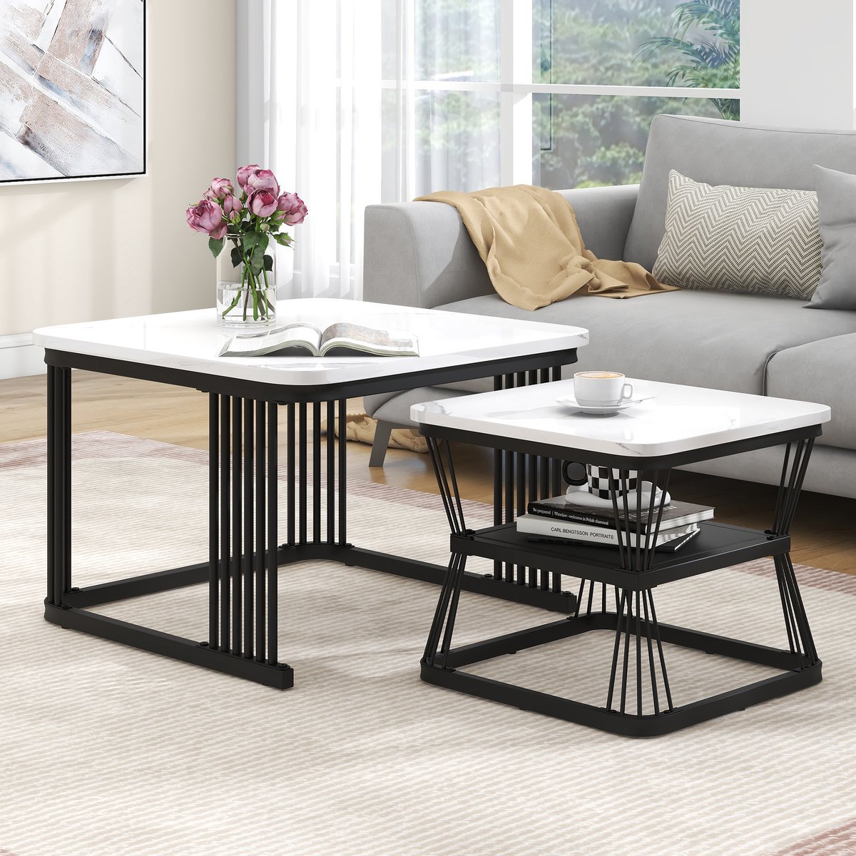 Lemlit set van 2 moderne bijzettafels - marmerlook - stalen buis zwart - hoogglans wit - 2 tafels met afmetingen van 65x65x45 cm en 45x45x39.5 cm