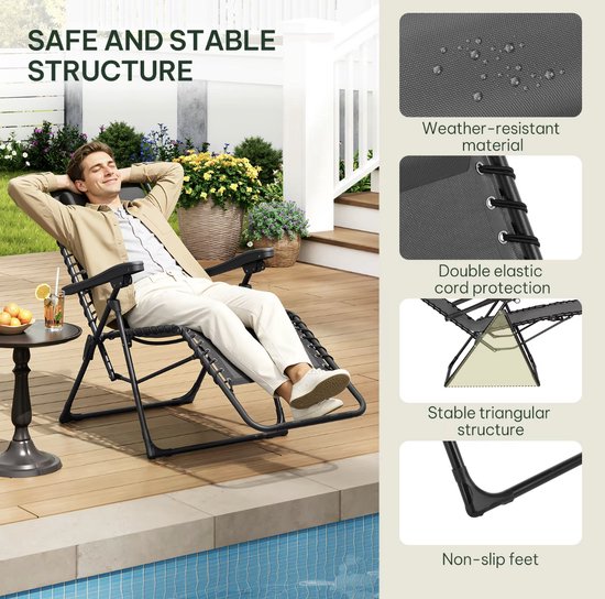 J&R Opvouwbare strandstoel - Tuinligstoel - Verstelbare Relaxstoel met Hoofdsteun - 0-160° Ligstand - Heavy Duty 150kg - Grijs - Camping, Strand & Tuin van J&R — afbeelding 3