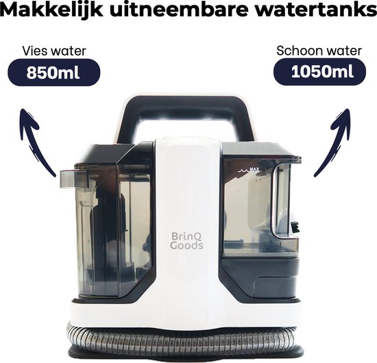 Een witte en zwarte vlekkenreiniger met pijlen die wijzen naar de twee uitneembare watertanks. Vies water 850ml, Schoon water 1050ml. "Makkelijk uitneembare watertanks."