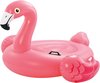 Roze opblaasbare flamingo met zwart accent op de snavel en gele ogen, met zwarte handvatten.