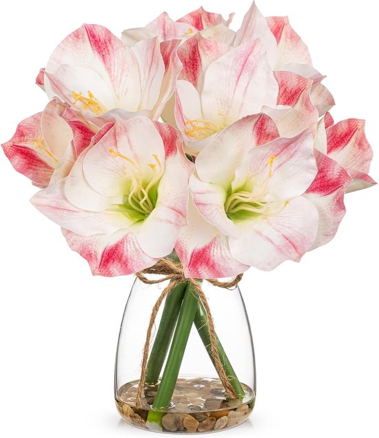 Kunstbloemen in vaas - 30cm roze amaryllis bloemen met glazen vaas - kunstwater - kiezels - real touch lentebloemen voor thuis badkamer tafel centerpiece bruiloft feest
