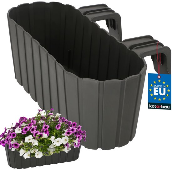 KOTARBAU® Balkonbak, Bloembak voor Balkon, PVC, 40x15x15 cm, Grijs, Balkonbak met Houder, Plantenbak, Ovaal, Lichtgewicht, Balkondecoratie, Weerbestendig Plantenbak