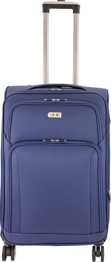 Blauwe reiskoffer met handvat, ritsen, logo 'SB' en vier wielen.