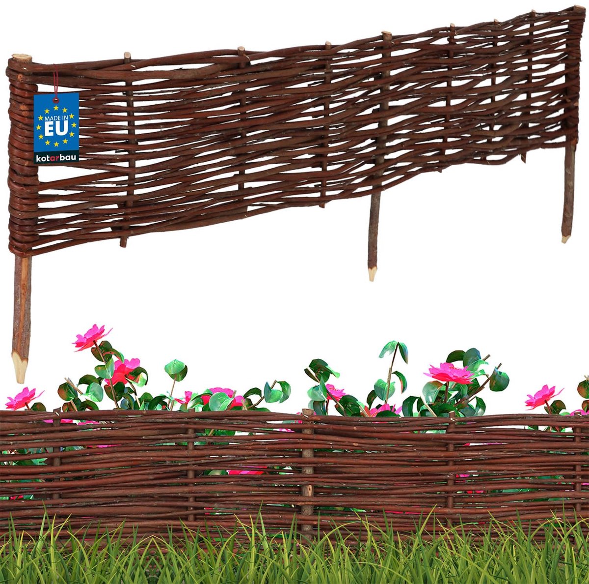 KOTARBAU® Bloembedrand, Wilgenhouten Hek, Beeteinfassing, 120 x 20 cm, Bruin, Tuinafscheiding, Houten Tuinhek, Schapenhek