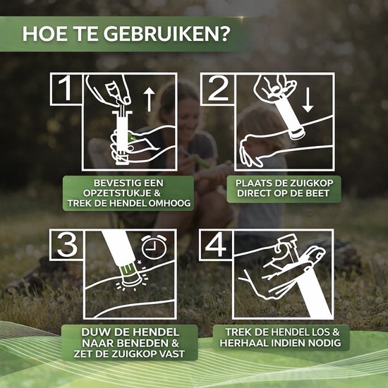 Instructies voor het gebruik van de Venomkiller uitzuigpomp.