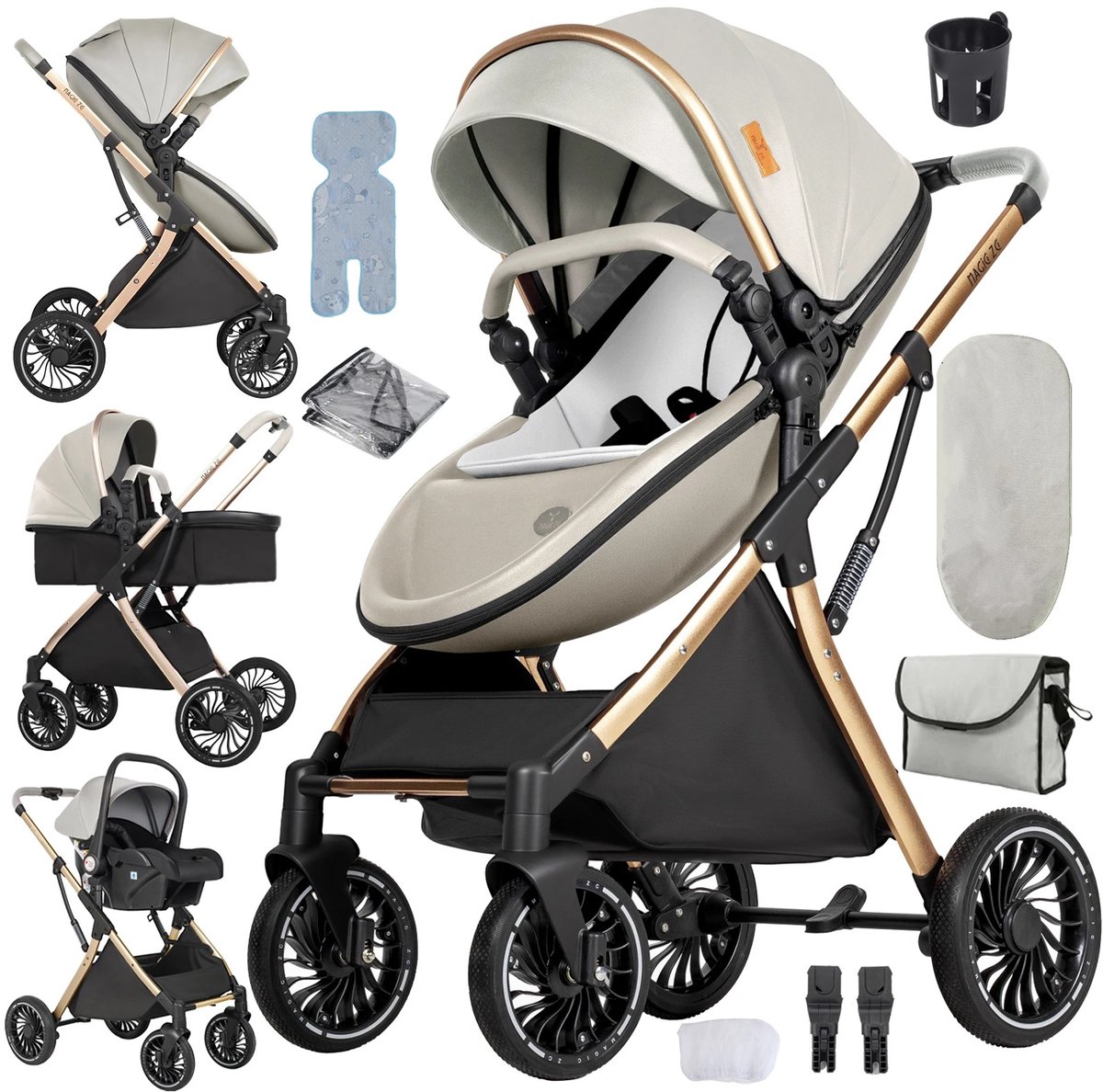 Deluxe 3-in-1 Kinderwagen – Volledig Reissysteem met Wieg & Autostoel – Veilig en Comfortabel - Beige