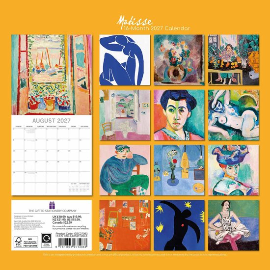 De omslag van de Matisse 2027 kalender, met een collage van verschillende schilderijen, inclusief een portret, een stilleven en een kalenderpagina.