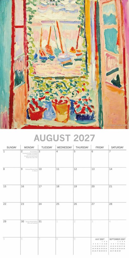 Augustus 2027 kalender met schilderij van een open raam met uitzicht op boten met kleurrijke bloempotten op de vensterbank.