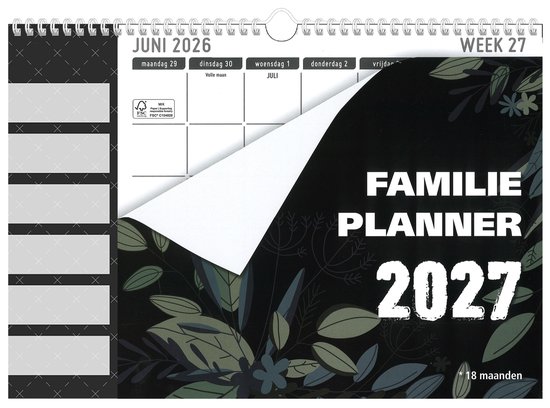 MGPcards - Kalender 18 maanden - Familieplanner 2027 - 6 Namen - Kalender - Familyplanner - Nederlandse en Belgische feestdagen - Juli 2026 tm december 2027 - 34 x 24,5 cm - Bladeren - Zwart
