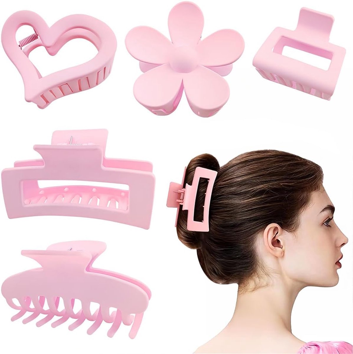 Set van 5 Grote Roze Rechthoekige Haarclips Mat - Haarspelden voor Dik Haar Dames