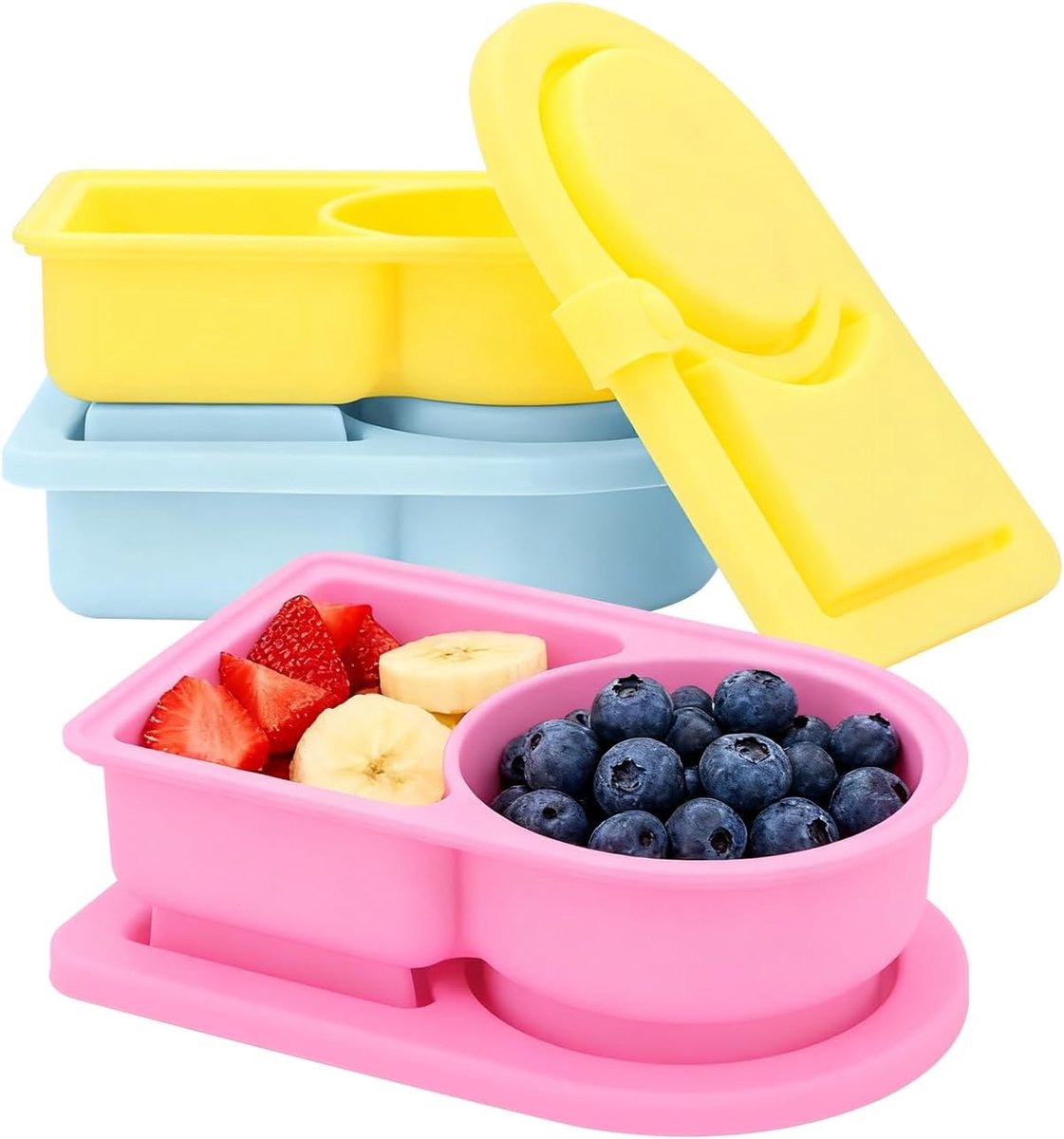 3 Pcs Silicone Herbruikbare Snackcontainers met Deksel - Dubbele Compartimenten Snackdozen - Kleine Mini Voedsel Snackboxen voor Reizen, Kantoor, Picknick (Geel, Roze, Blauw)
