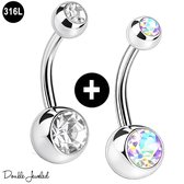 Navelpiercing Set 2 Stuks – Navel Piercing 316L Chirurgisch Staal – Belly Button Piercing – Banana Barbell 1.6mm – Double Jeweled – Helder & Aurora AB Crystal – Buikpiercing Dames