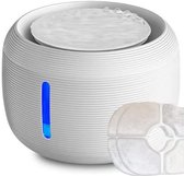 Witte, ronde drinkfontein met golvend water en een blauwe LED-indicator. Inclusief 2 filters.
