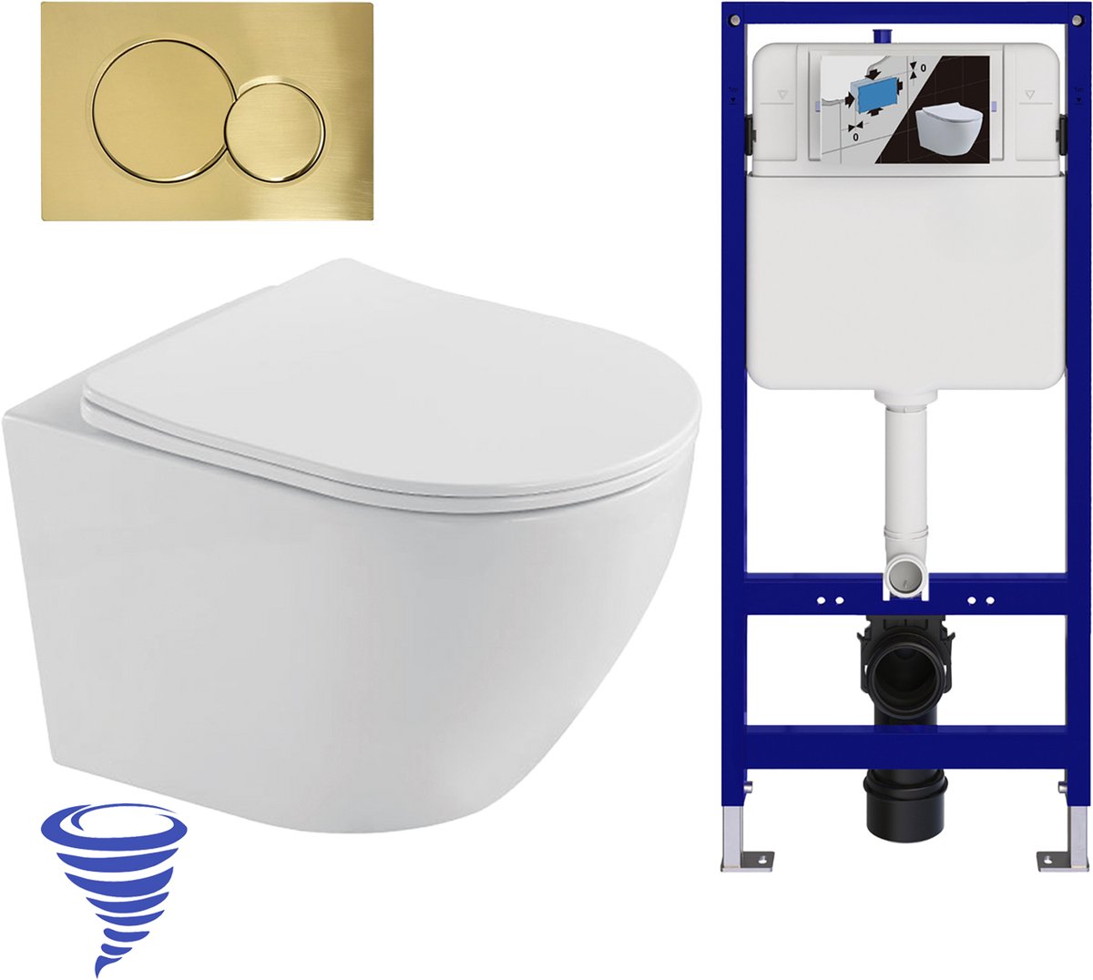 LOMAZOO Hangtoilet met Inbouwreservoir - Rond Wit - Drukplaat Rond Goud - Linea