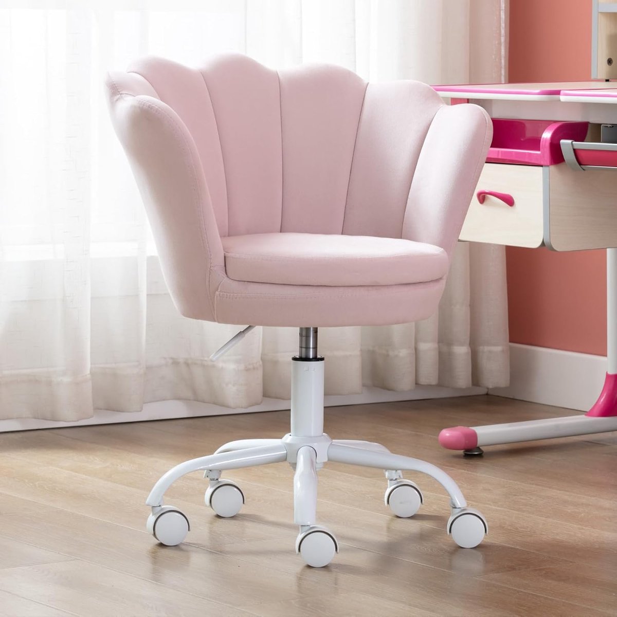 Kinderbureaustoel Verstelbaar met Wielen - Fluwelen Draaistoel Bloemvorm voor Meisjes en Kinderen, Comfortabele Roze Bureaustoel - 56x56x78 cm - Vermissen
