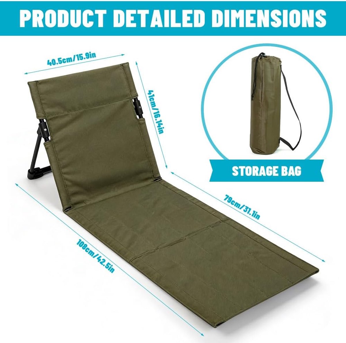 Strandmat met Rugleuning - opvouwbare kampeerstoel - Opvouwbare strandstoel - Vouwstoel / kussen - campingstoel buiten - Klapstoel - draagbare campingstoel met opbergtas - lichtgewicht strandvloerstoel - Ultiem Strandcomfort - Groen — cadeau in Sport & Outdoor - foto 5